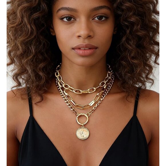 Vintage Gold Layered Necklaces for Women Trendy, Chunky Cuban Link Paperclip Cha - Picture 2 of 9